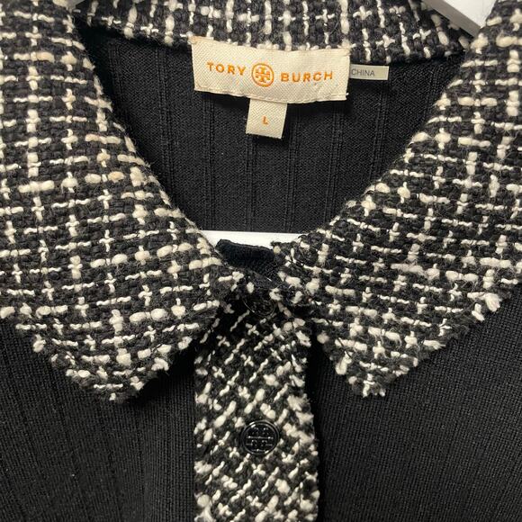 Tory Burch Merino Wool Black Knit Tweed Collar Polo Top Womens Large AS IS - Picture 3 of 10